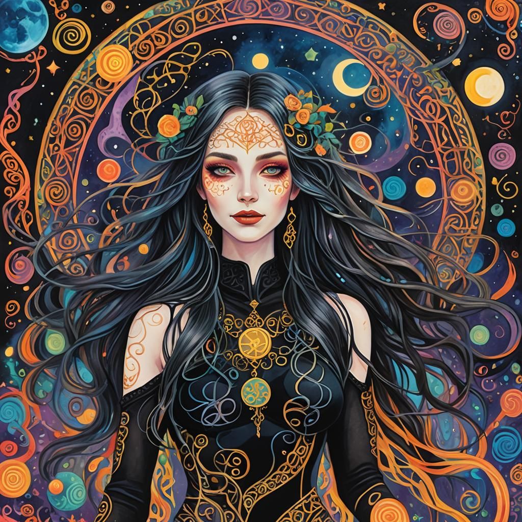 Druid Woman with Runes in Vibrant Gouache Style