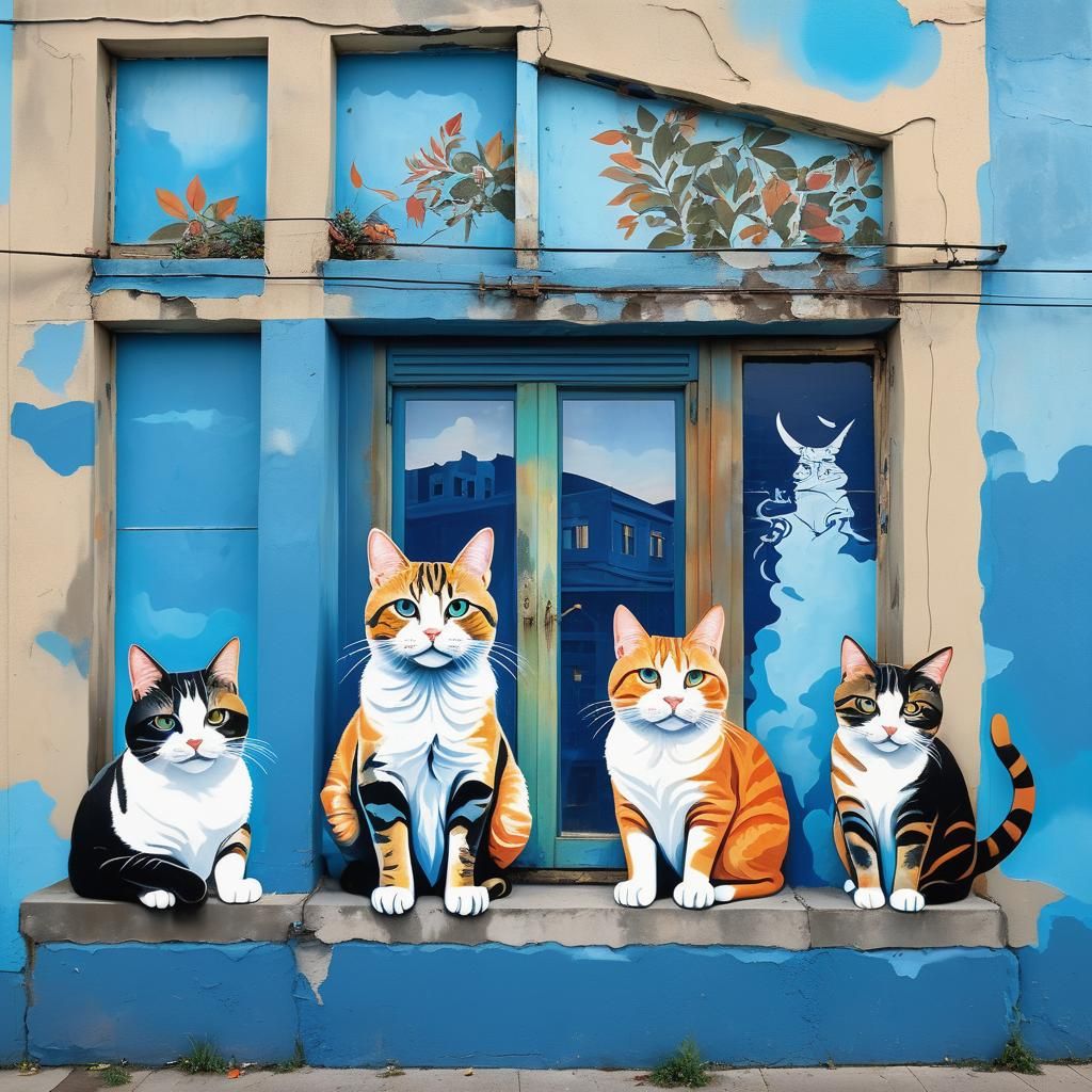 Colorful Mural of Expressive Cats on Blue Backdrop