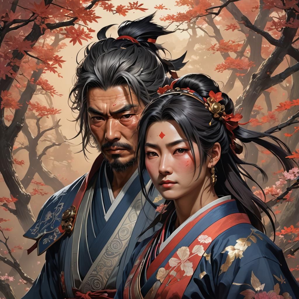 Miyamoto Musashi and Wife: Hyperdetailed Portrait