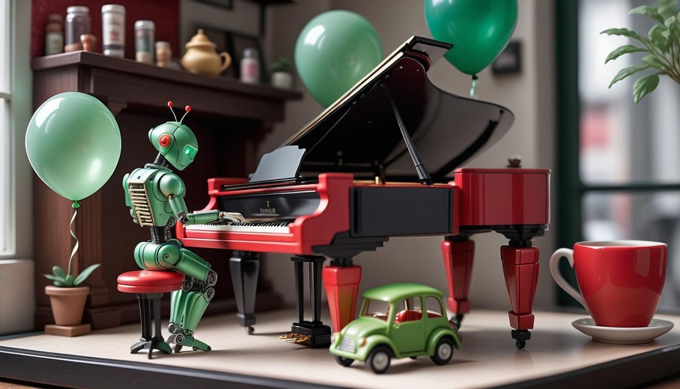 Miniature Robot Musician Diorama with Car and Balloon