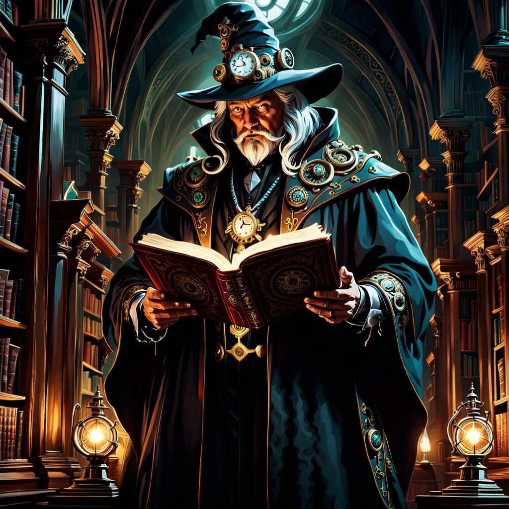 Evil Wizard Casting Dark Magic in Steampunk Style
