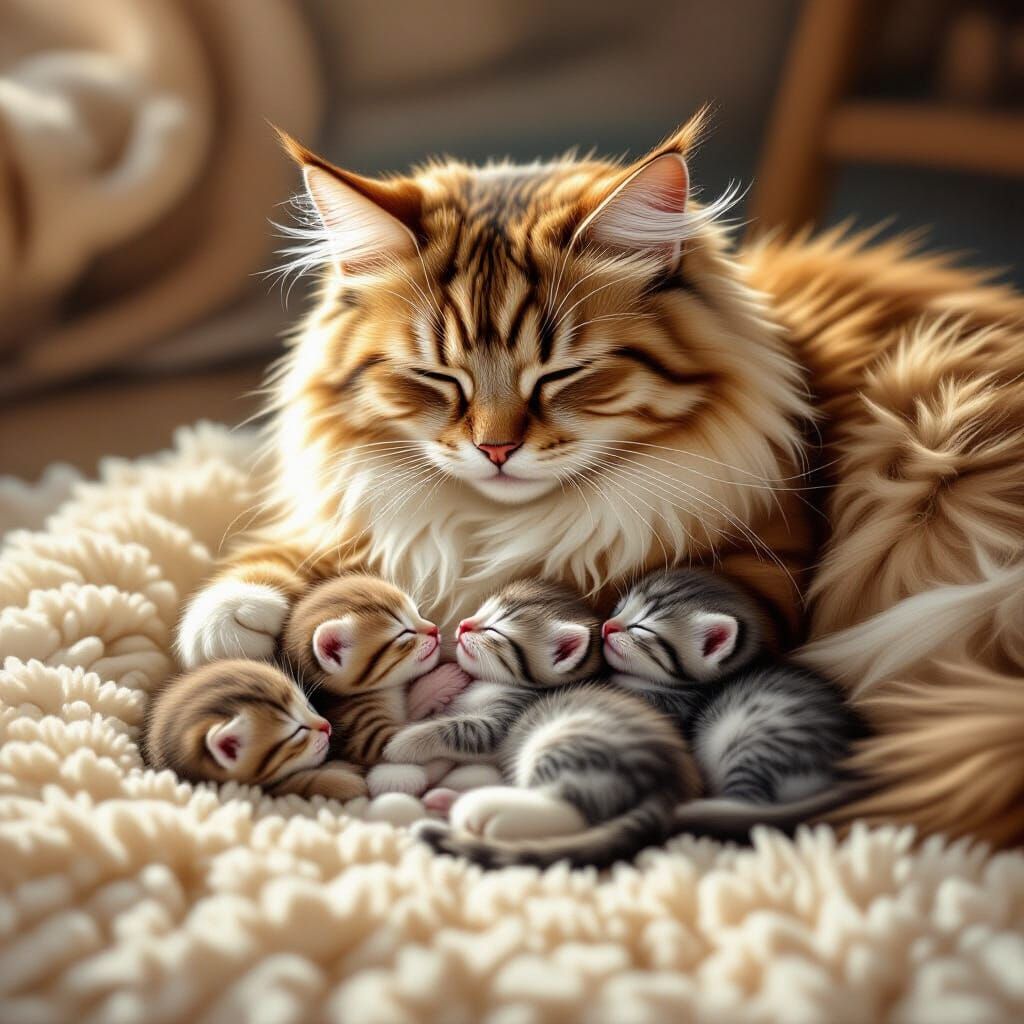 Nursing Cat with Kittens in Hyper-Realistic Style