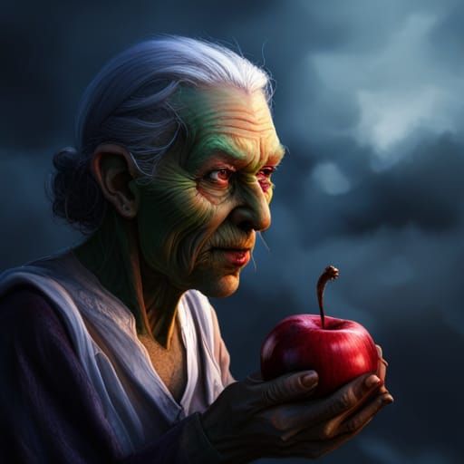 Evil Witch with Poison Apples, Hyperrealistic Art