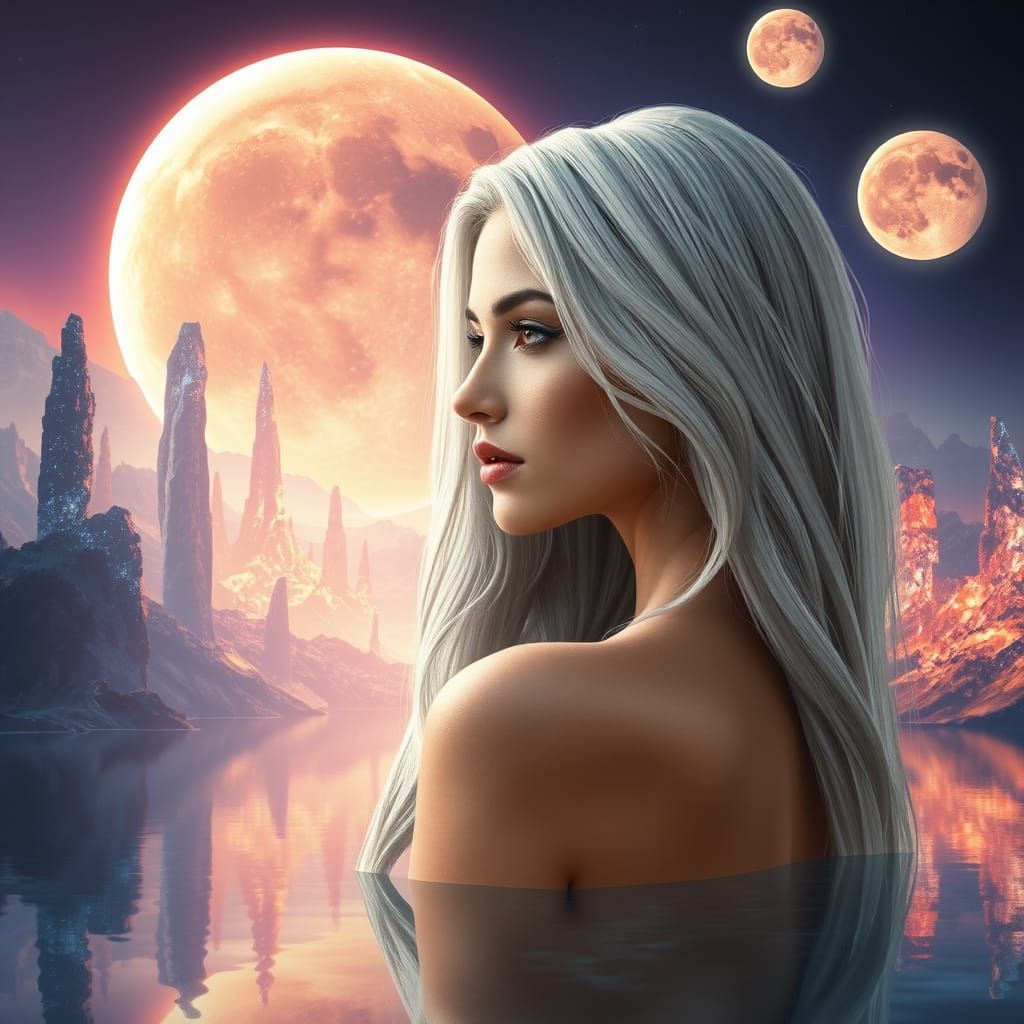 Ethereal Alien Planet Landscape with Silver-Haired Woman in ...