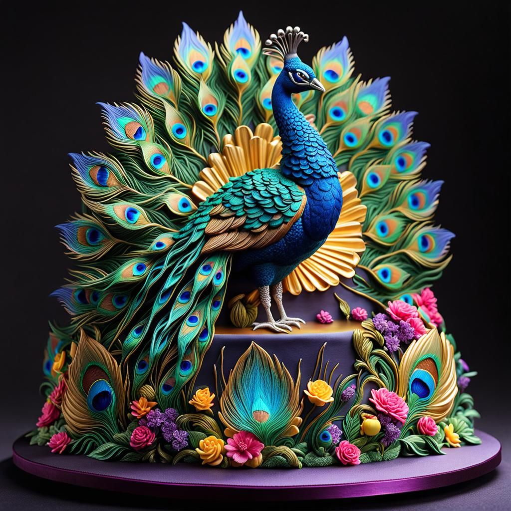 Holographic Peacock Cake Sculpture in 8K 3D