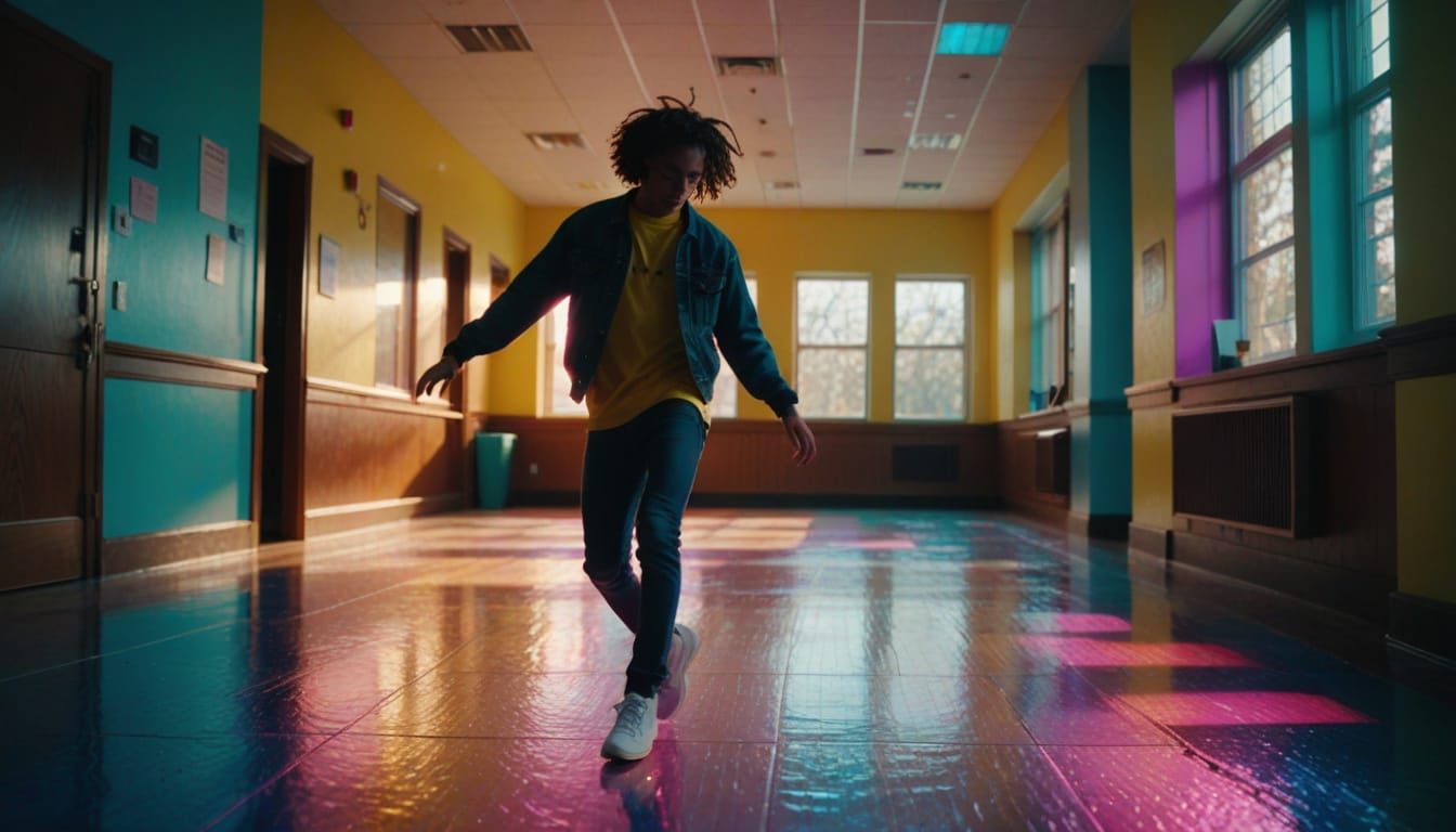 Vibrant Digital Art of a Dancer in University Hallway