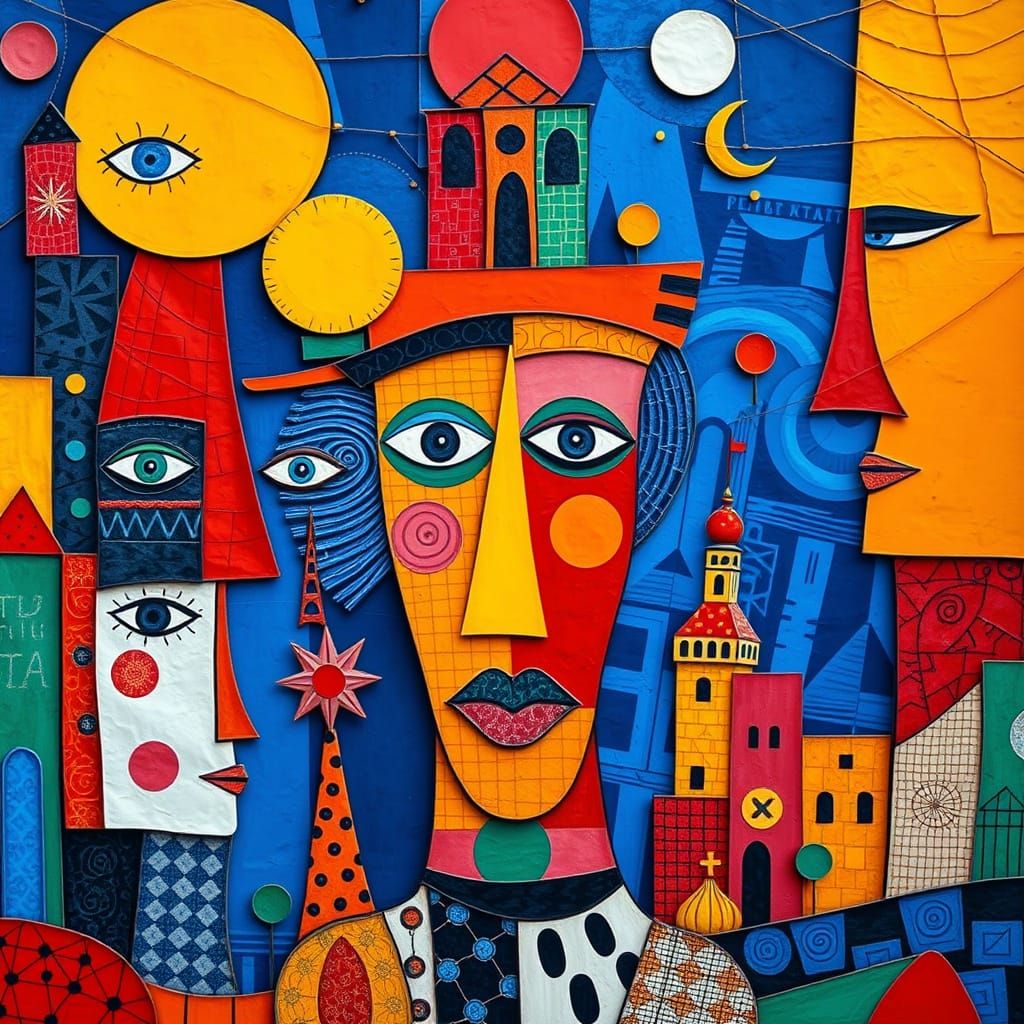 Abstract Collage of Faces and Buildings in Mosaic Style