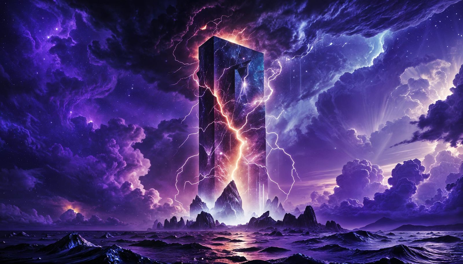 Cosmic Monolith in Dark Water, Surreal Digital Art