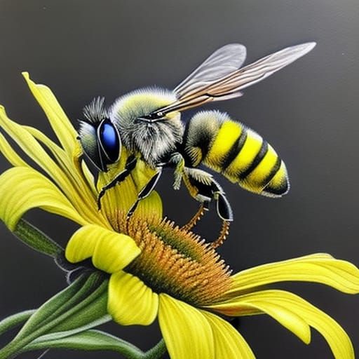 Hyperdetailed Bee on Flower in Gouache Charcoal Style