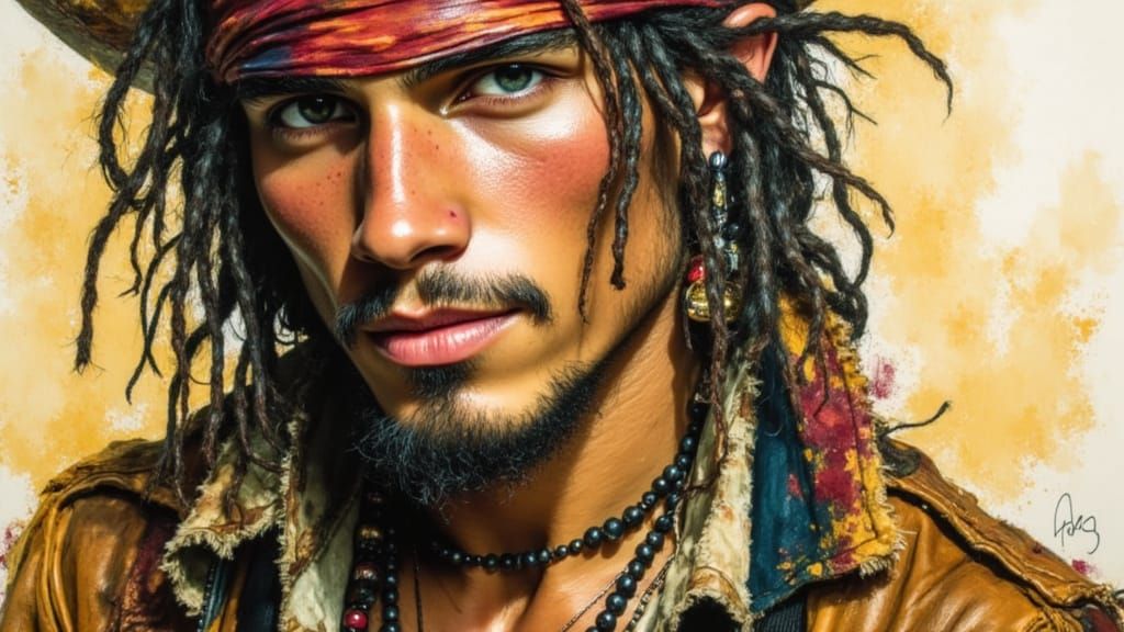 Pirate Portrait in Klimt Style with Ink Details