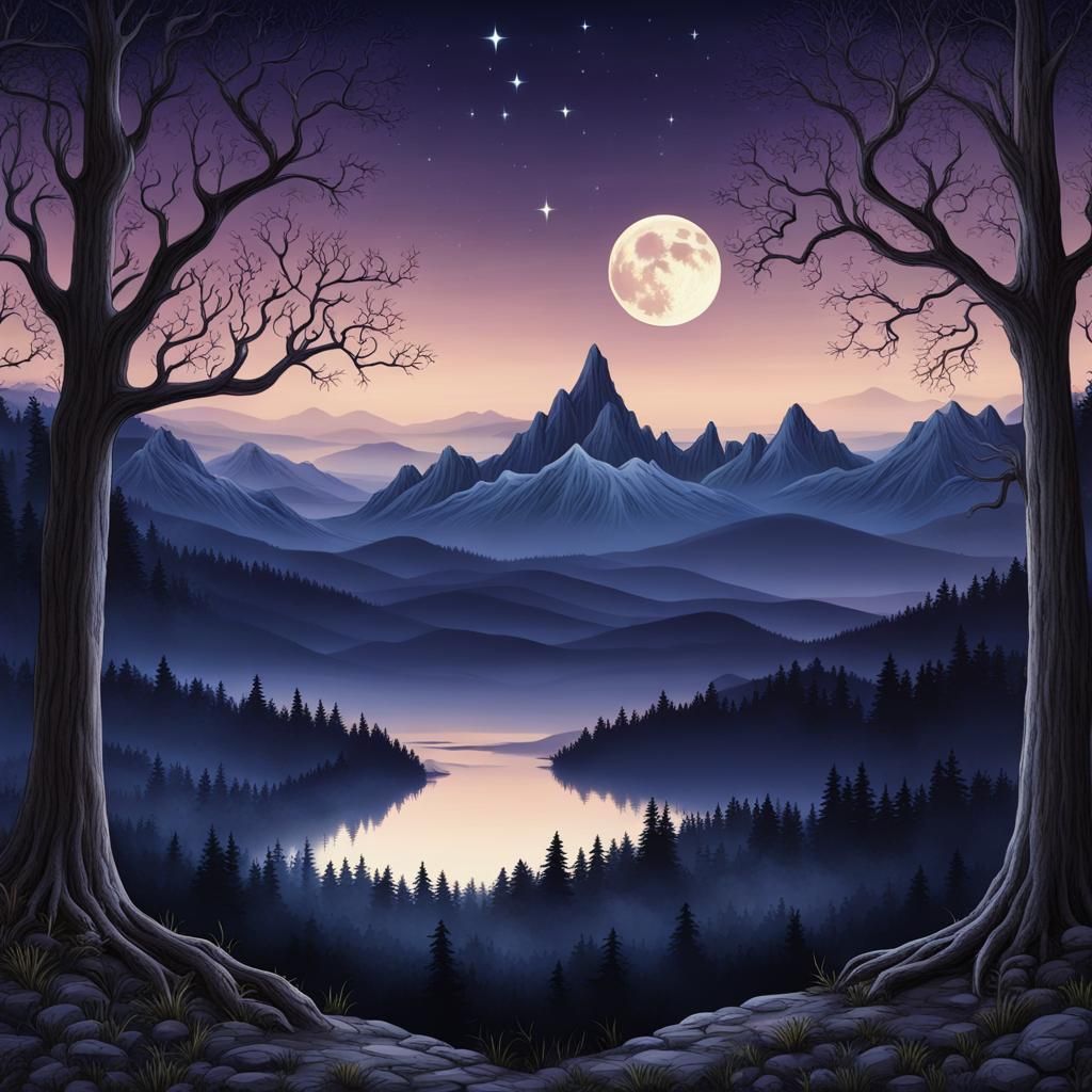 Mystical Moonlight Enchanted Twilight Woods Scene