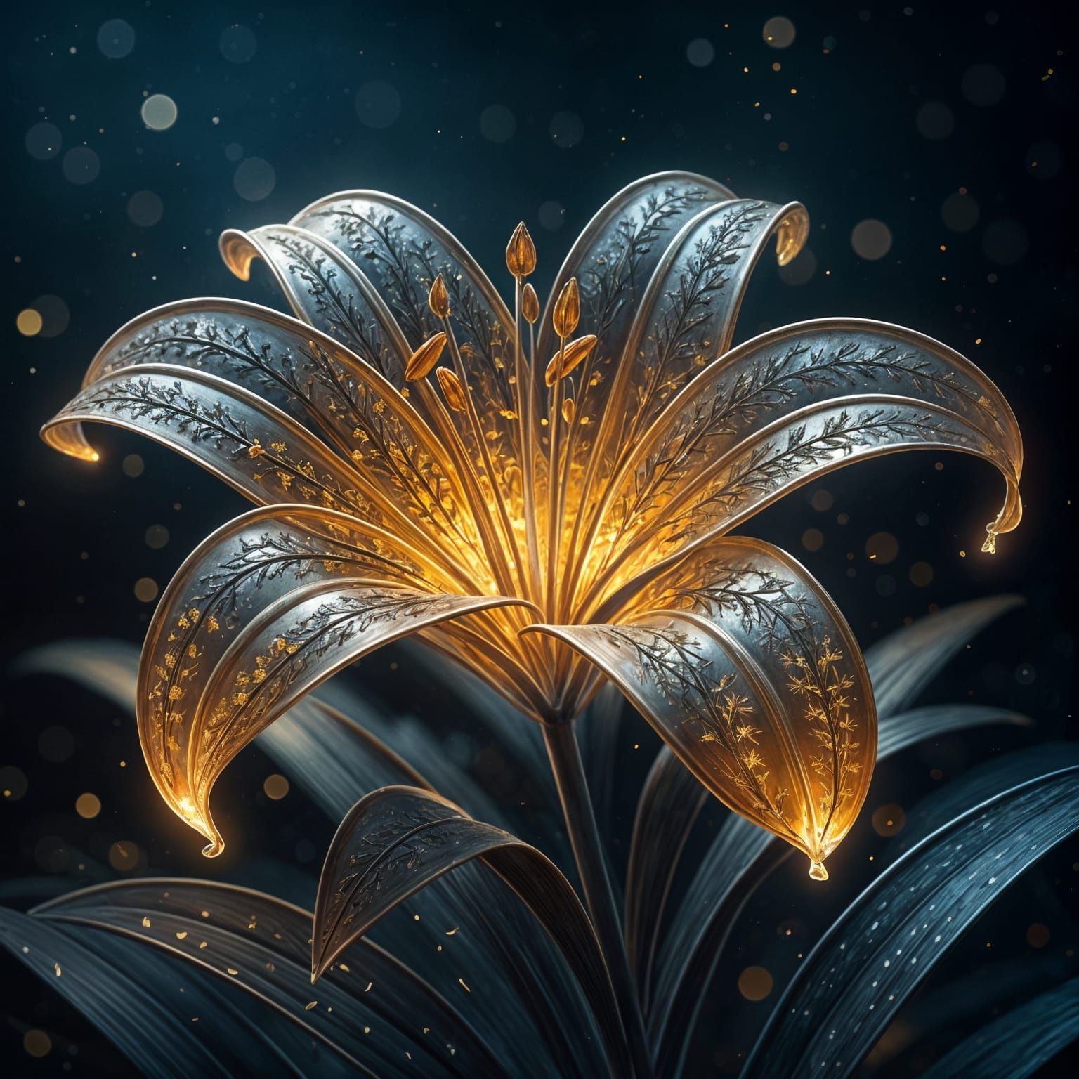 Magical Amber and Silver Lily with Forest Silhouettes