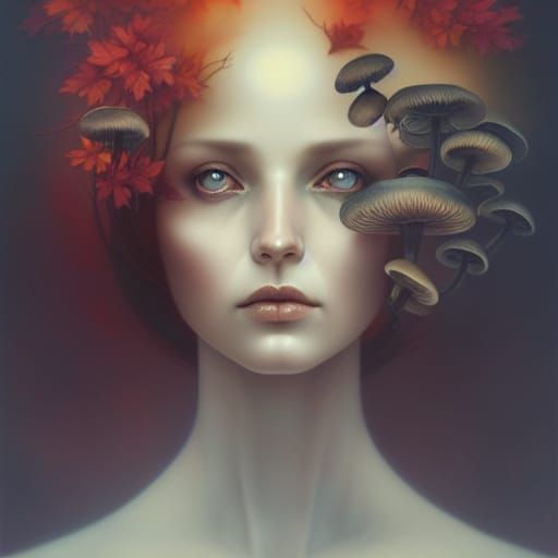 Surreal Autumn Mushrooms and Symmetrical Face