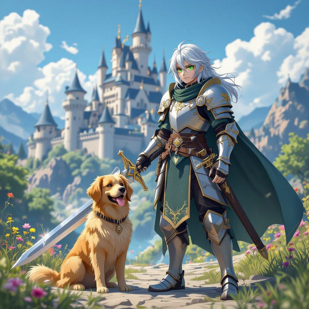 Anime Knight with Magic Sword and Golden Retriever Companion