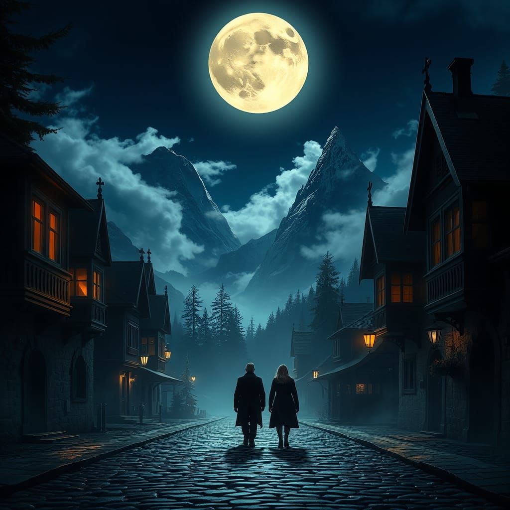 Mysterious Village Under Full Moonlight