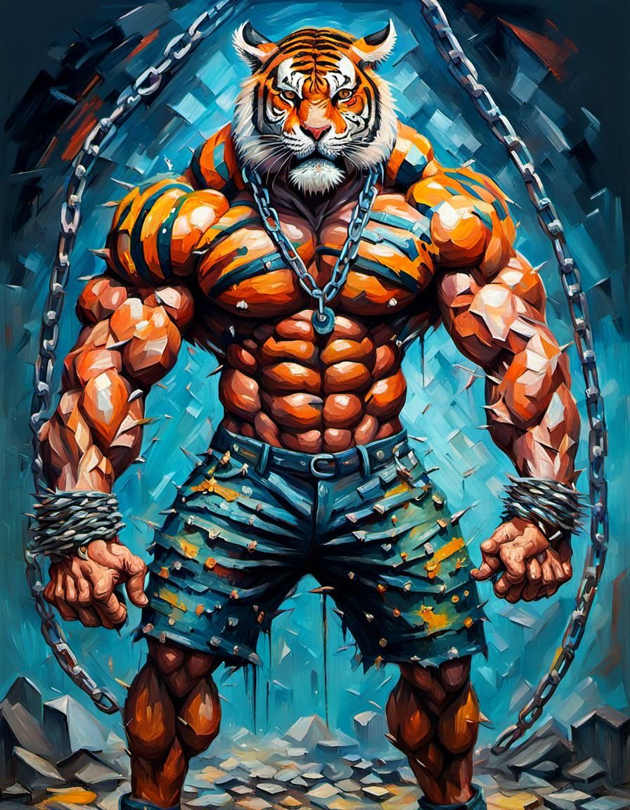 anthropomorphic tiger man with massive muscular muscle ,8k resolution concept art with chains,spikes and huge claws