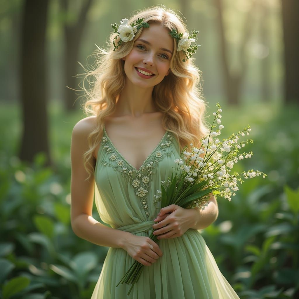 Elegant Woman in Water Green Gown with Lily of the Valley, i...