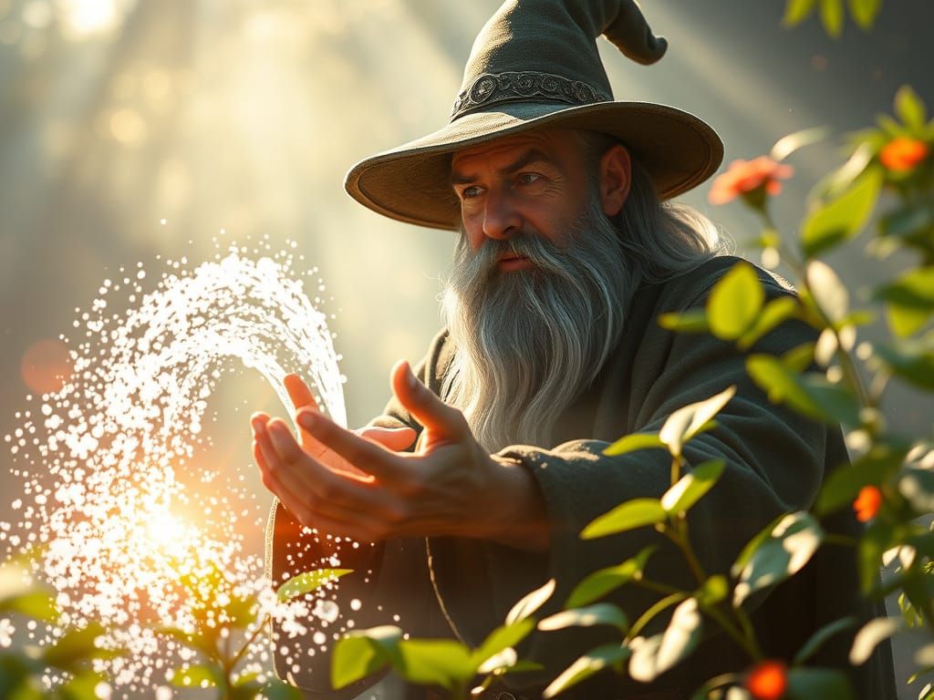 Wizard Watering Plants With Magic Spell