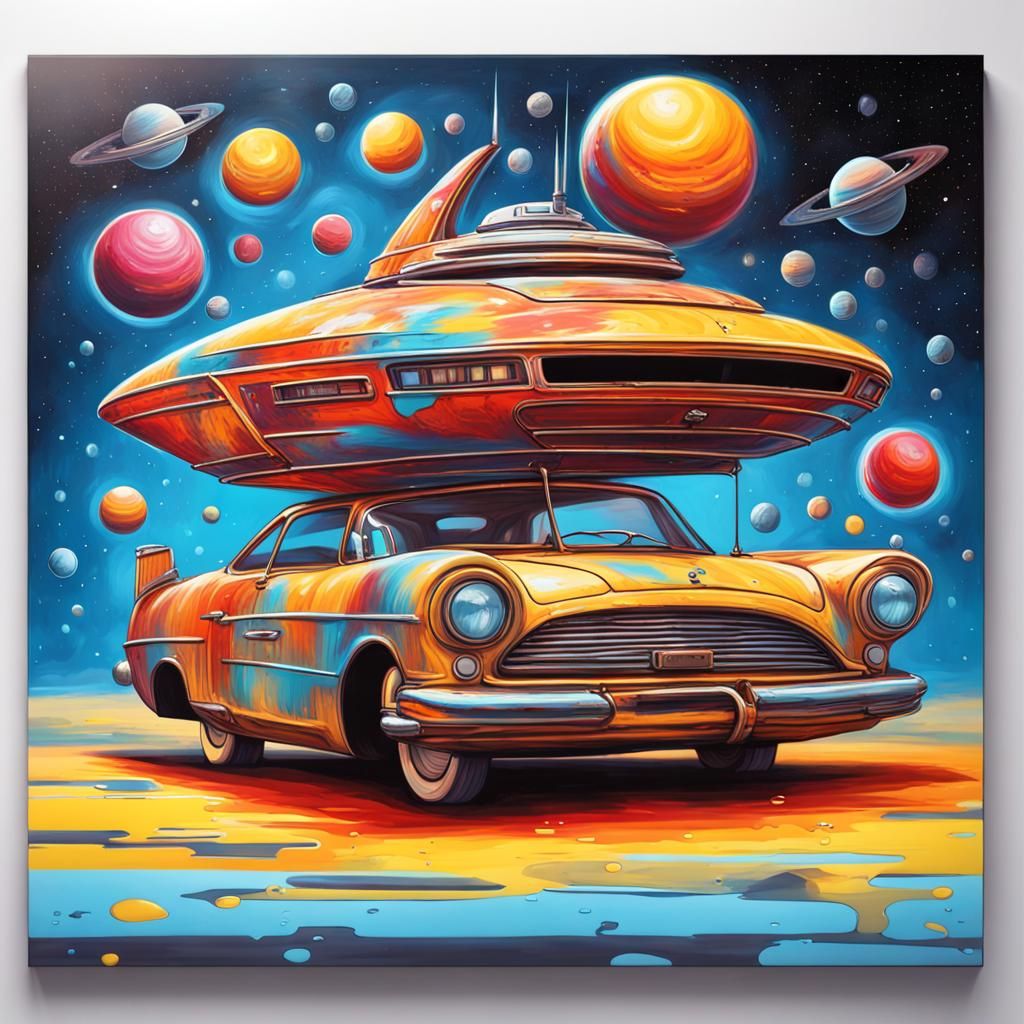 Retro Spaceship Car in Graffiti Street Art Style