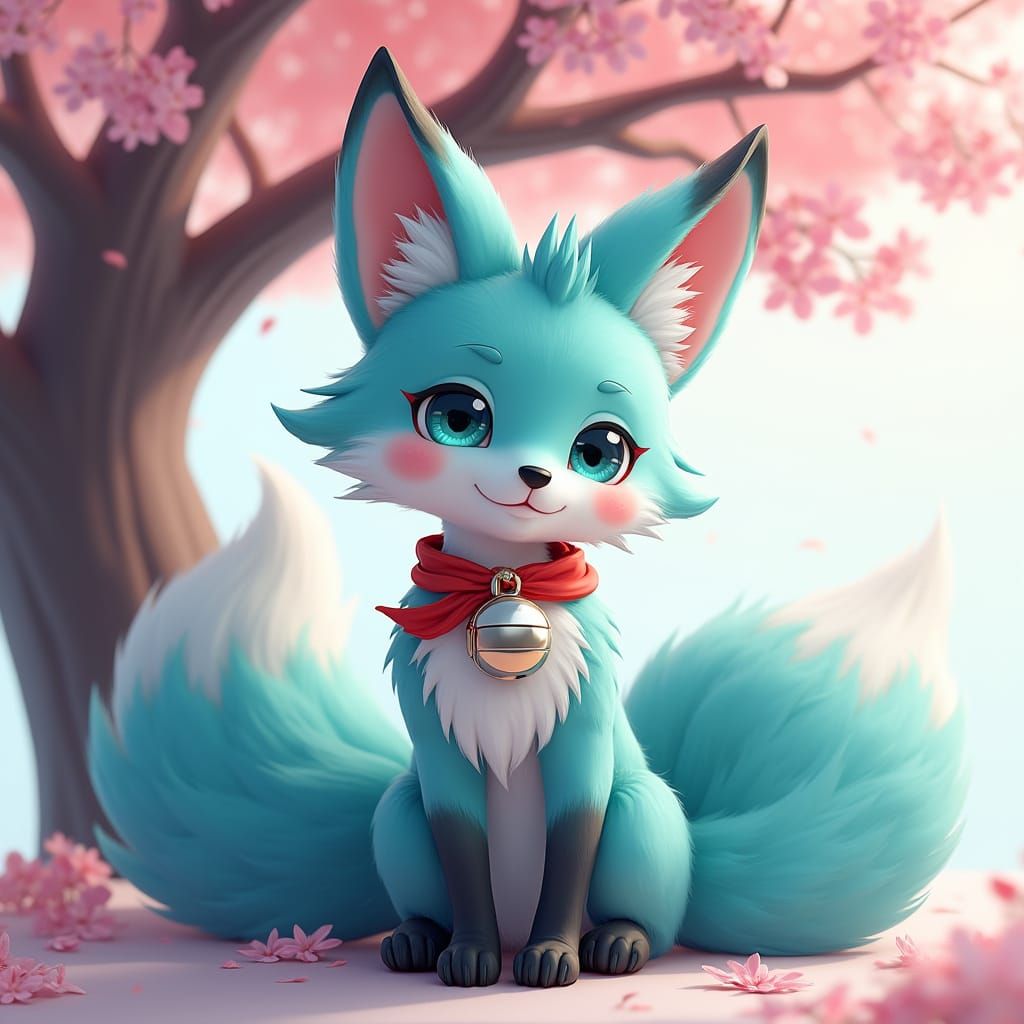 Turquoise Kitsune Under Cherry Blossoms: Anime Style