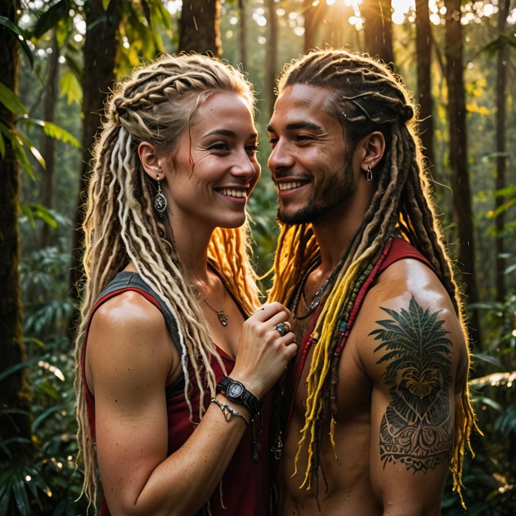 long blond dreadlock Rasta hair, White-skinned European girl, girly pose, Fit and Muscular, feminine girl, With masculin...