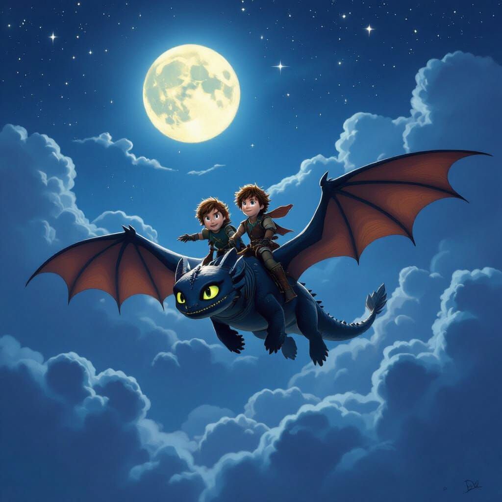 Hiccup and Toothless Soar Under a Full Moon