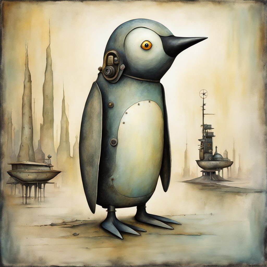 Surreal Mechanical Penguin Painting in Shaun Tan Style