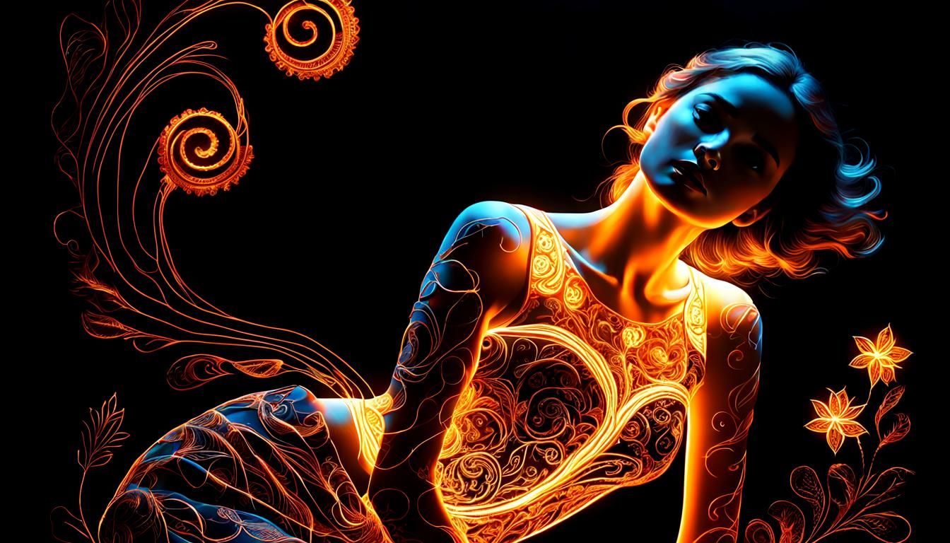 Backlit Woman with Glowing Embroidery in High Contrast