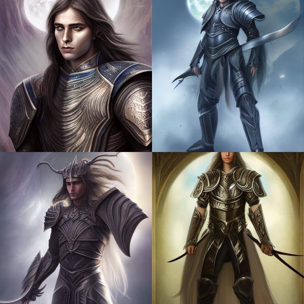 Silmarillion, photorealistic portrait of handsome Tilion, the Maia who guided the Moon, with long silver hair and a batt...