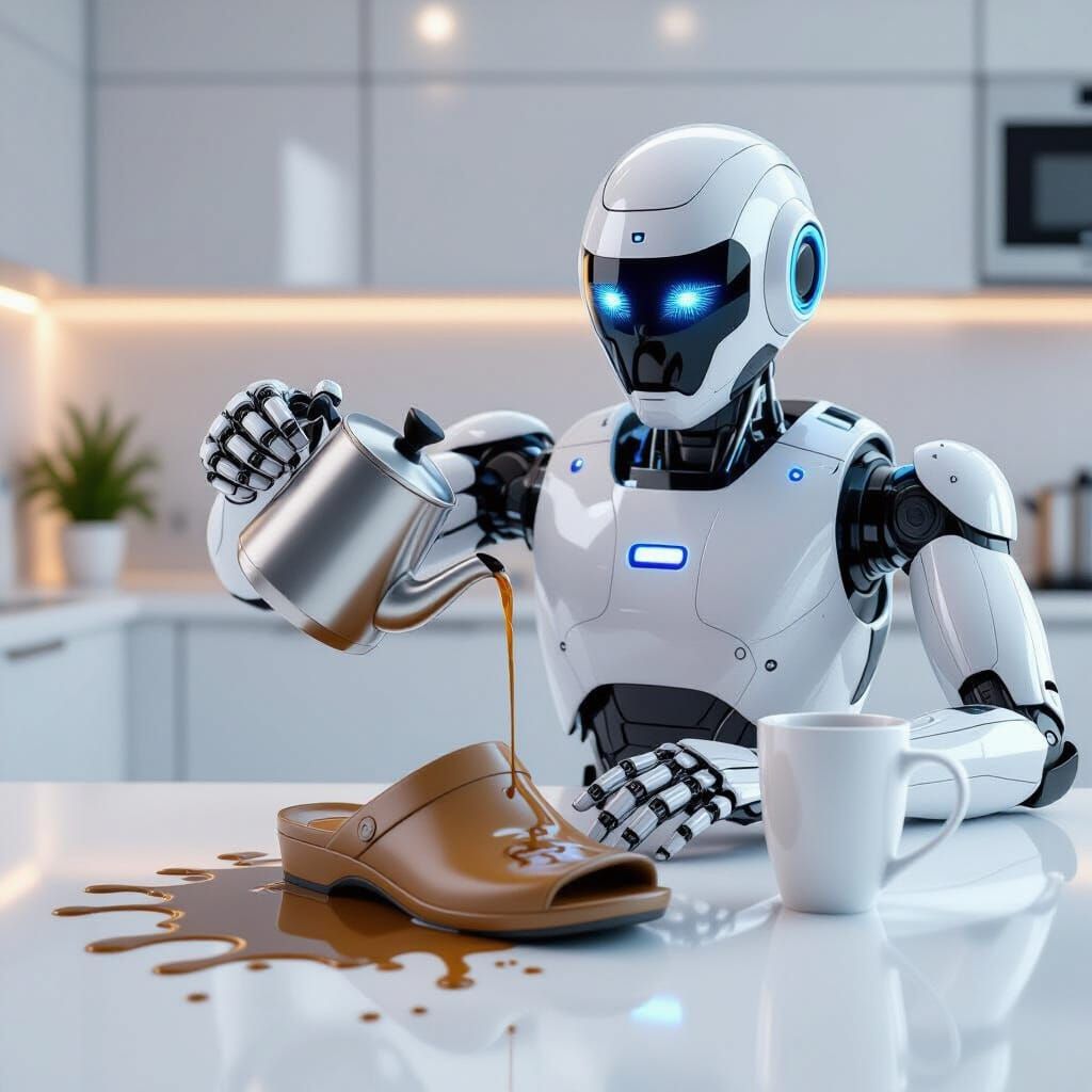 AI Robot Pours Coffee Into Slipper In Hyperrealistic Kitchen