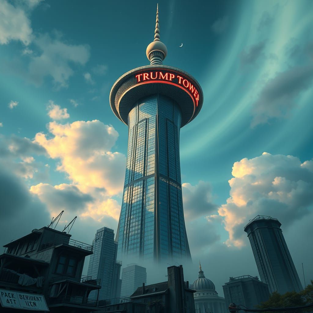 Biopunk Trump Tower in a Retro Futuristic Cityscape