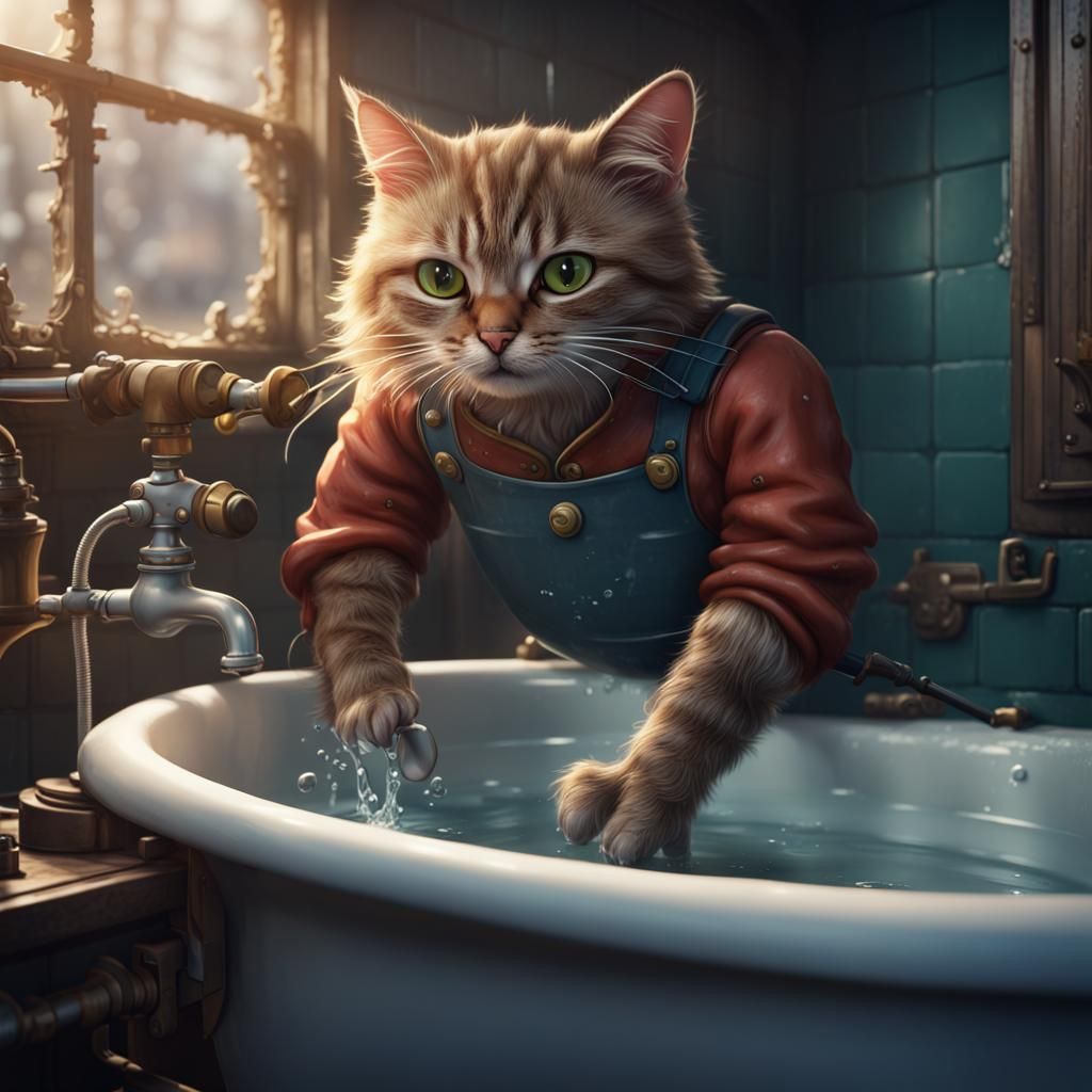 Cat Plumber Fixing Bath in Detailed Digital Art