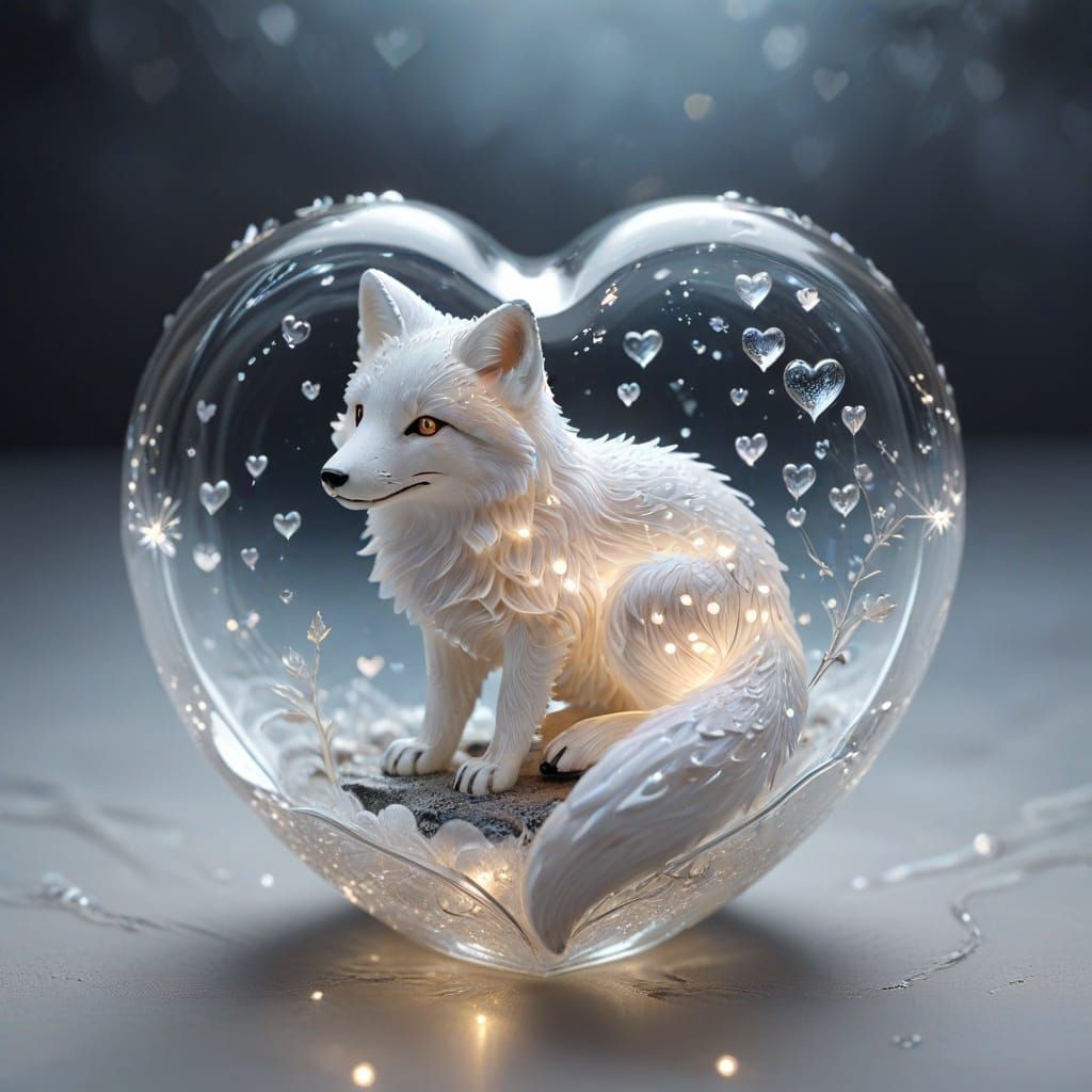 Glowing White Fox Glass Heart Design
