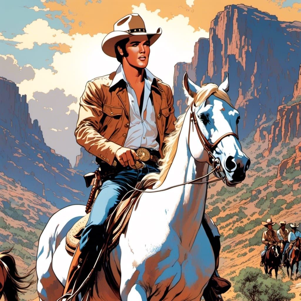 Elvis Presley Rides a Horse in Comic Book Art