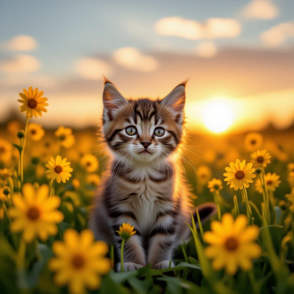 Kitten in Field of Flowers at Sunrise: Hyper-Realistic Pasto...