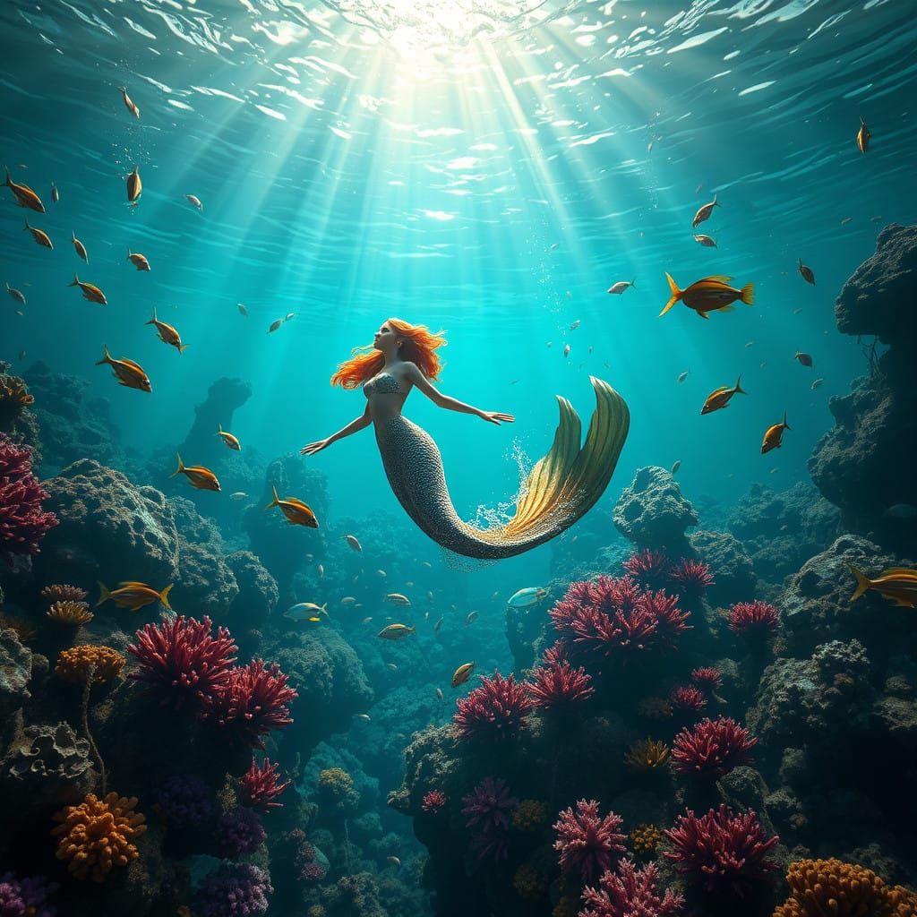 Ethereal Mermaid in Vibrant Oceanic Landscape