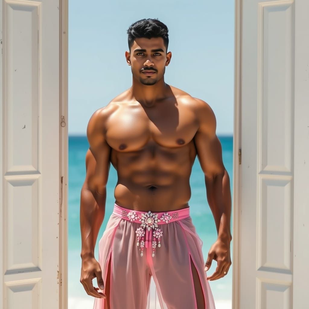 Indian Muscular Man in Pink Thongs on Beach