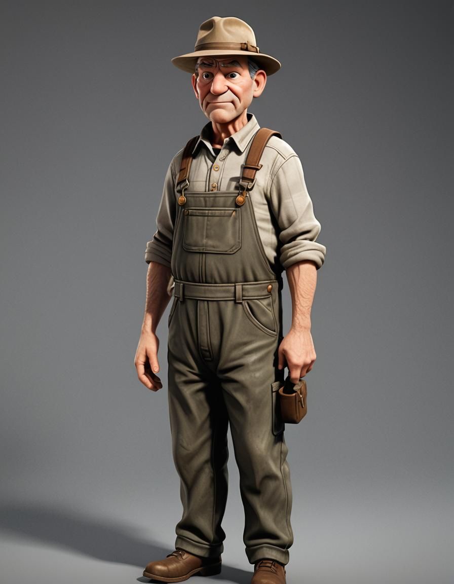 Grumpy Farmer in Overalls Rendered in Unreal Engine