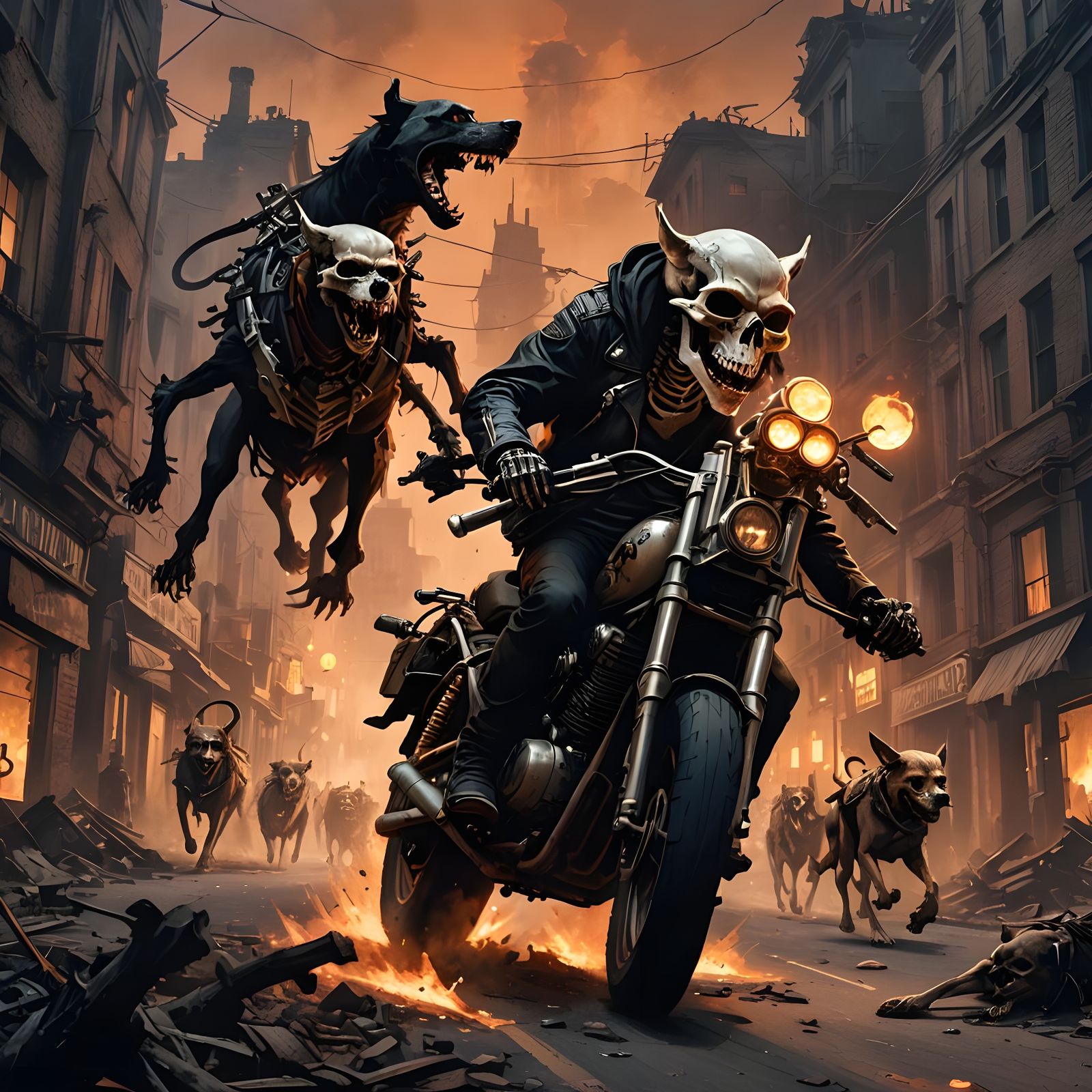 Skeleton Rider in Post-Apocalyptic Cityscape