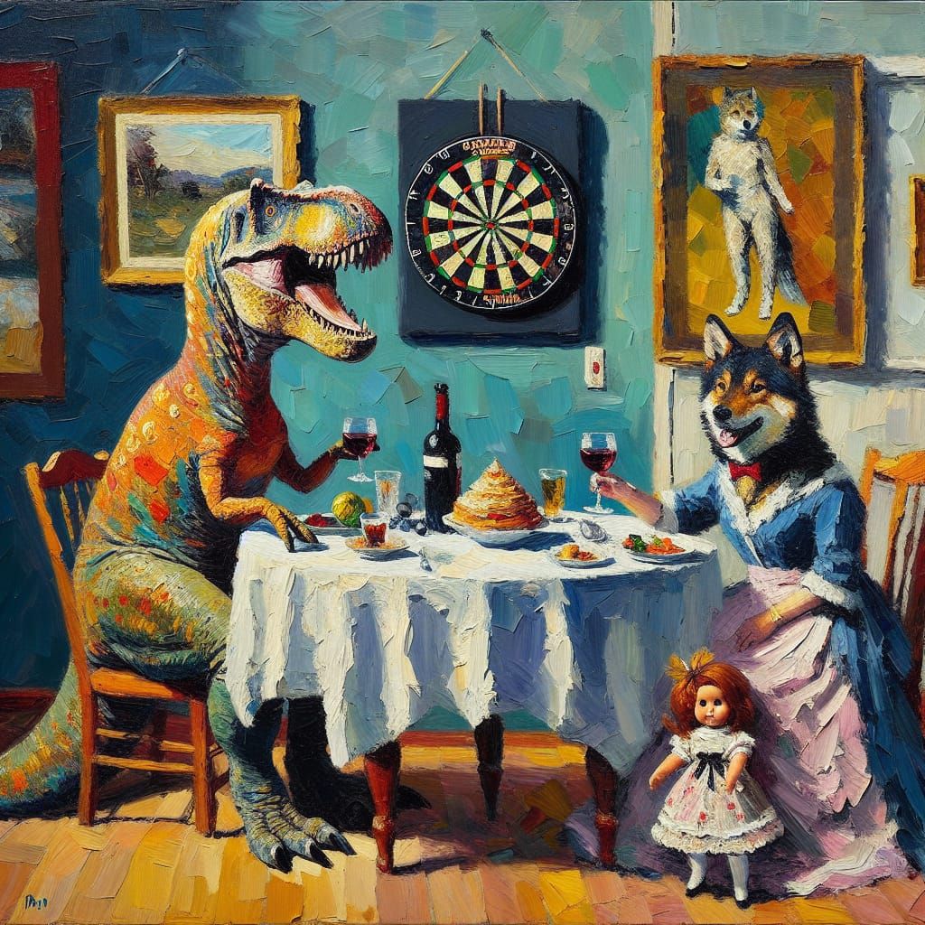 Dinosaur and Dingo Dinner in Post-Impressionist Style