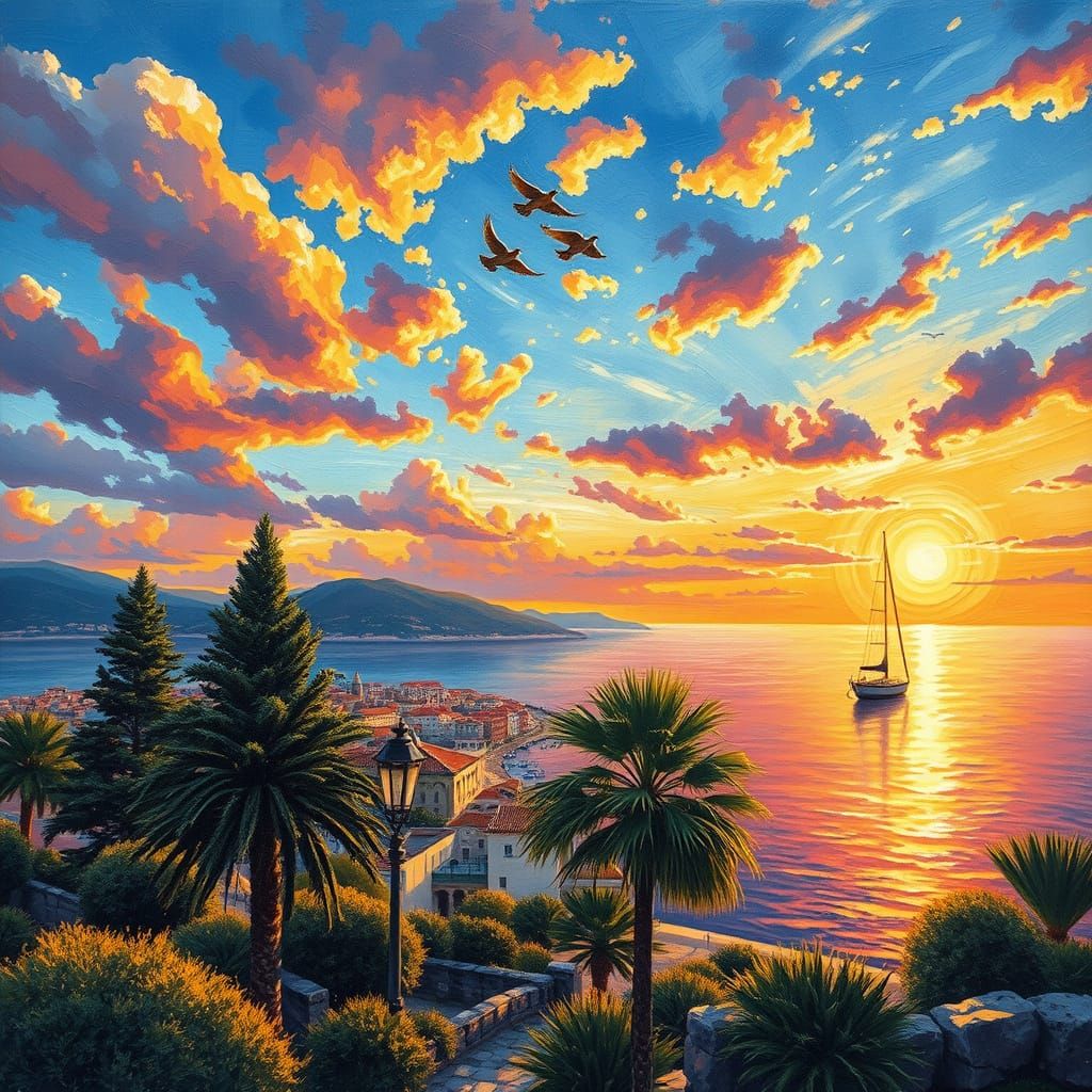 Mediterranean Coastal City Sunset with Pine and Palm Trees