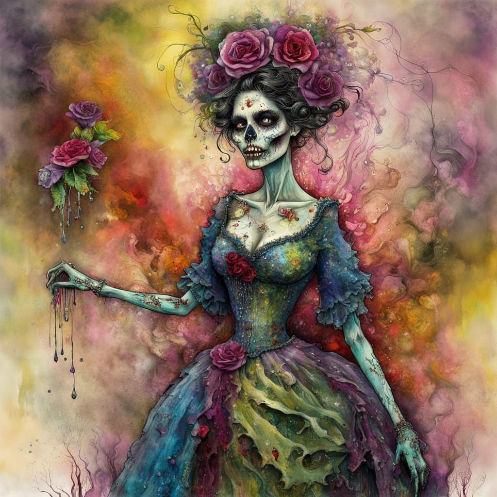 Whimsical Zombie Woman in Prom Attire with Ink Splash