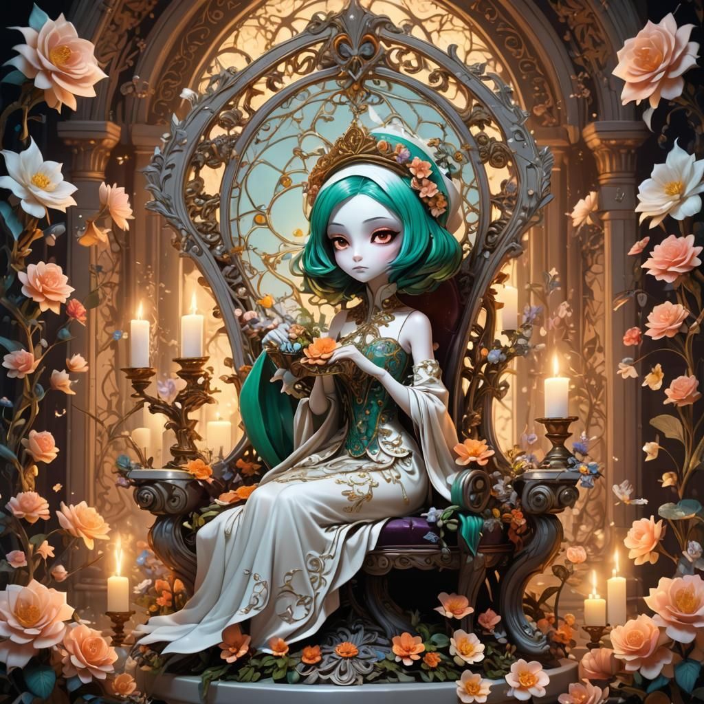 Chibi Gardevoir on Porcelain Throne in Baroque Style