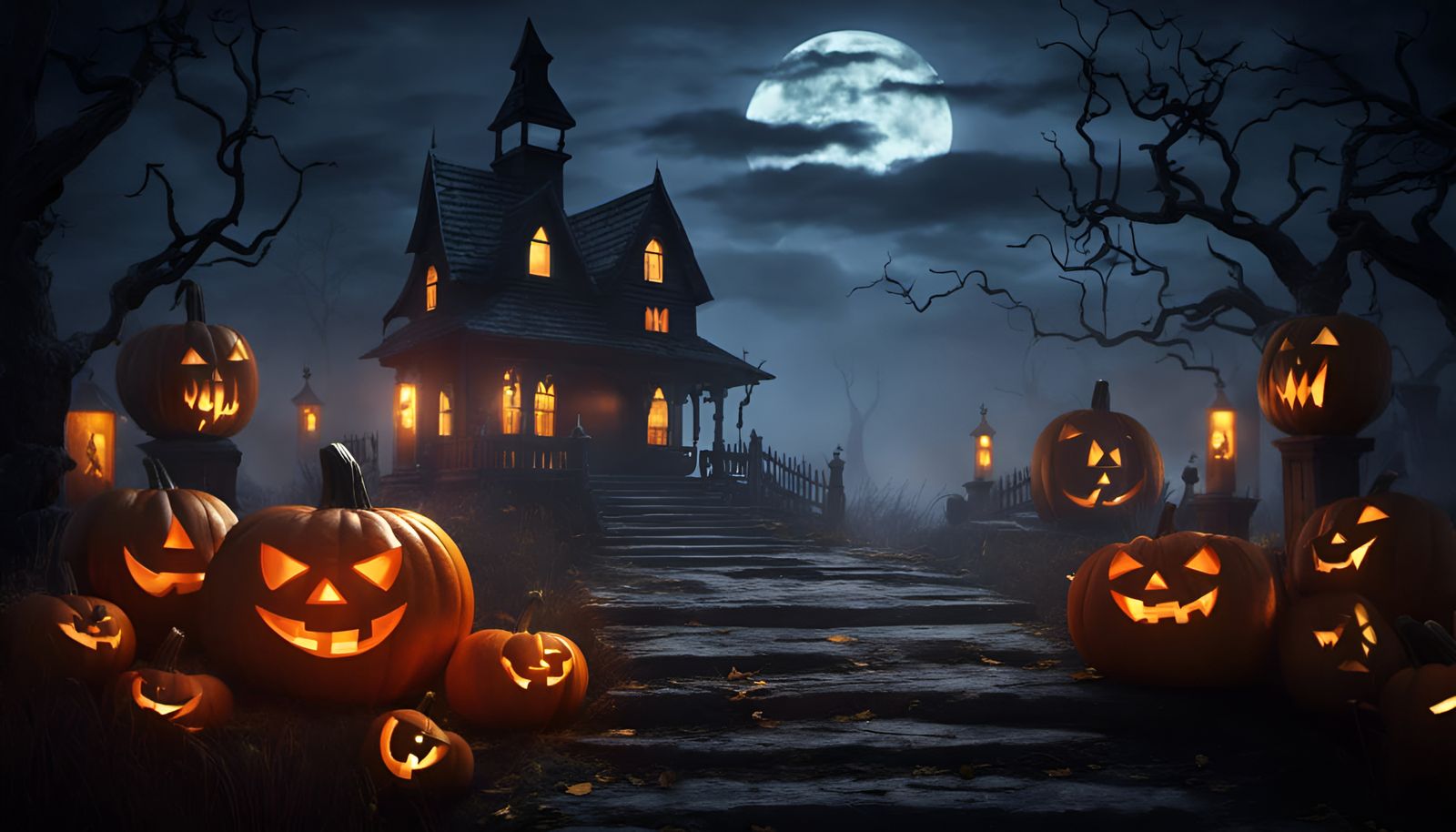 Spooky 3D Halloween Background with Haunted House