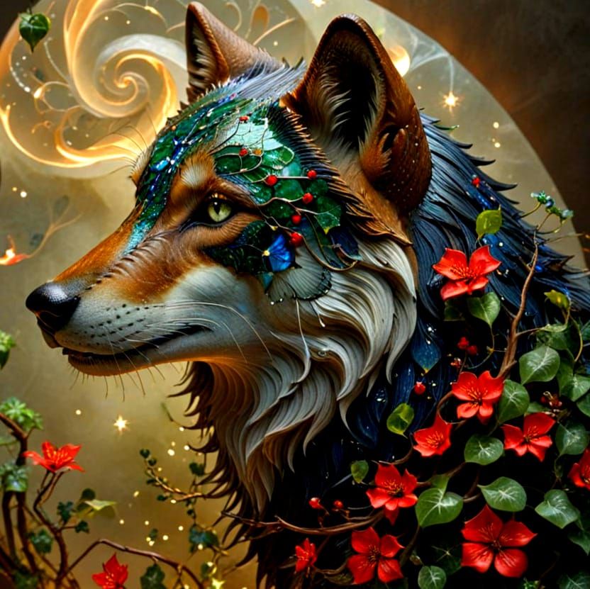 Ethereal Mongolian Wolf Under Starry Night Sky