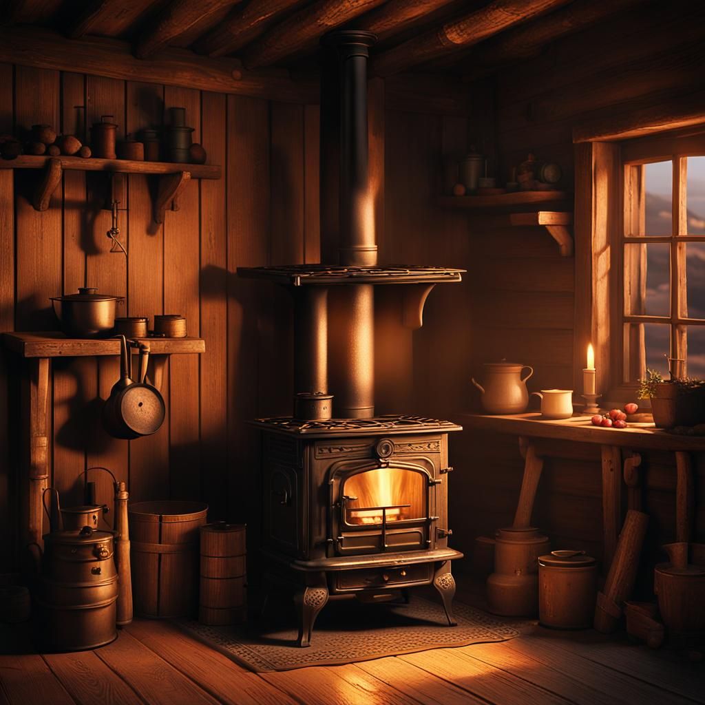 Cozy Rustic Stove in Candlelit Wooden House
