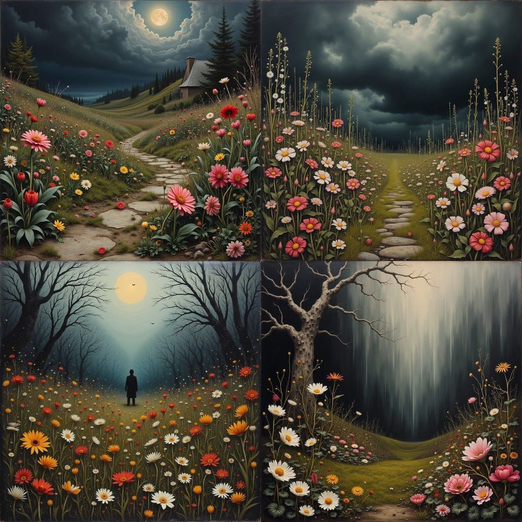 Decaying Garden Scene in a Stormy Landscape