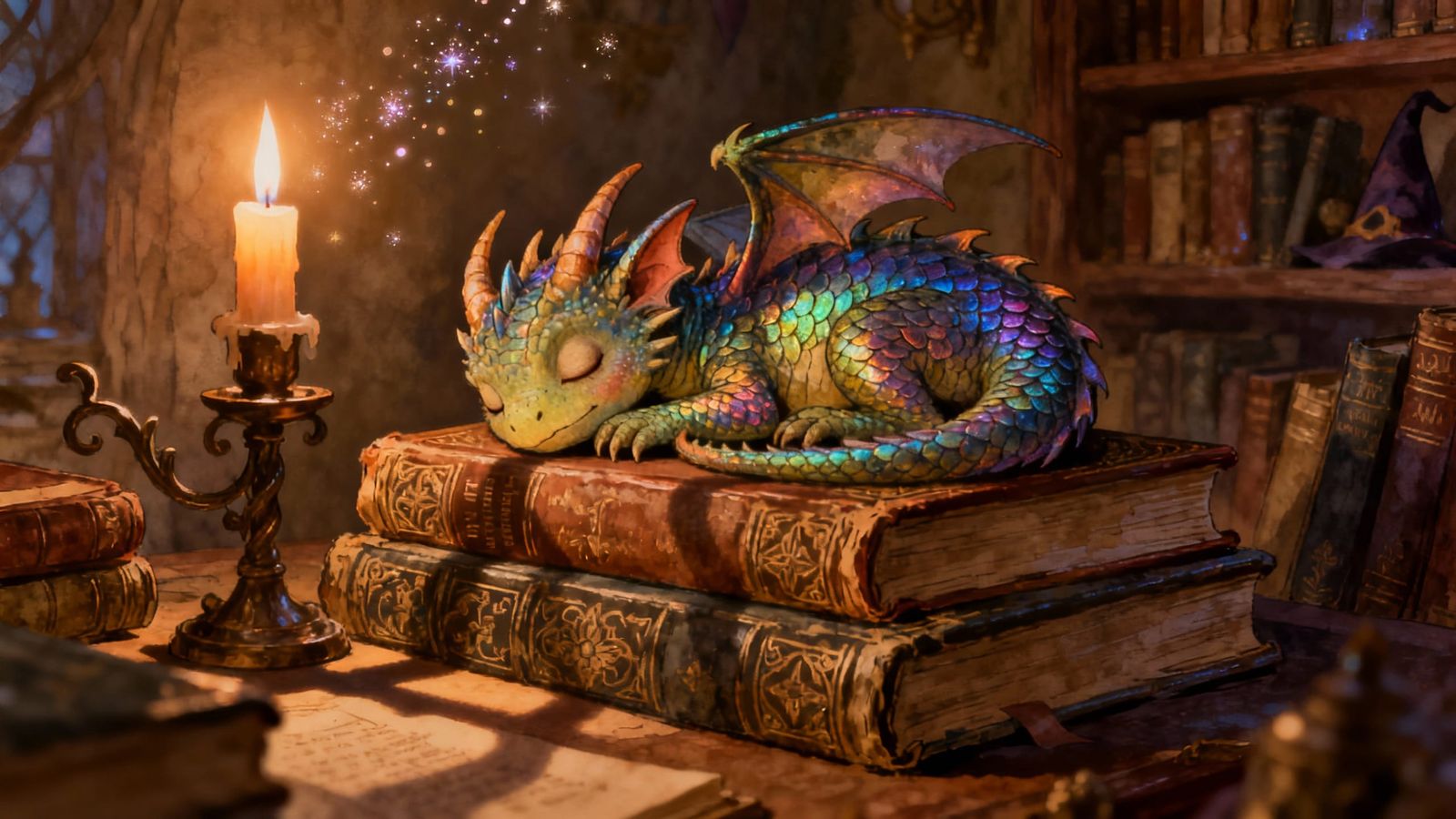 Baby Dragon Sleeping on Books in Cozy Study