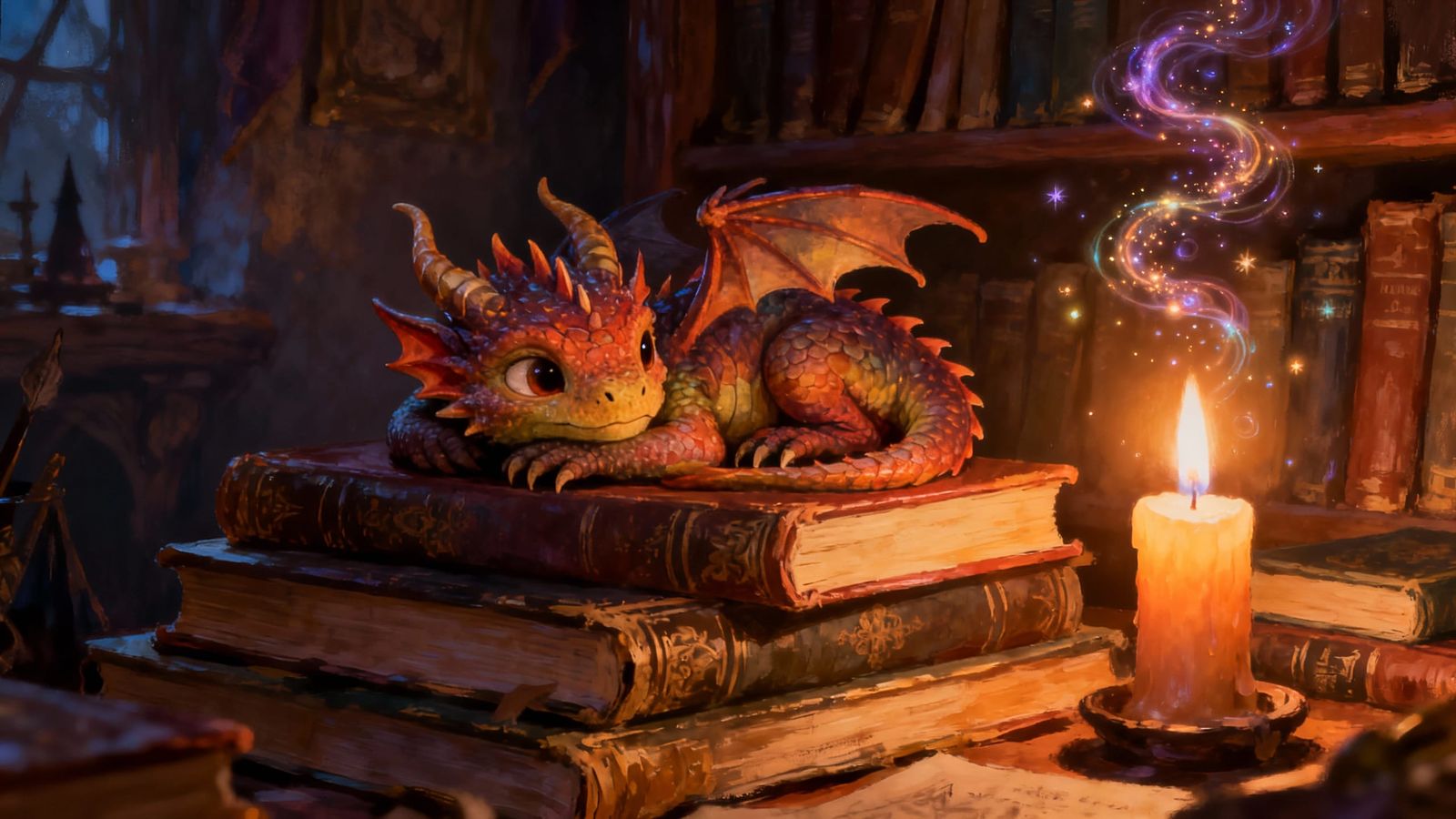 Adorable Baby Dragon in Cozy Wizard Study