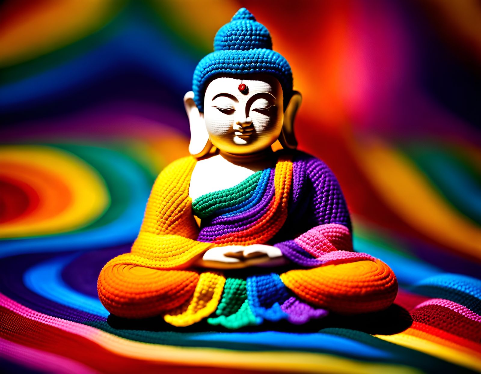 Rainbow Crocheted Buddha Meditating in Sunlight